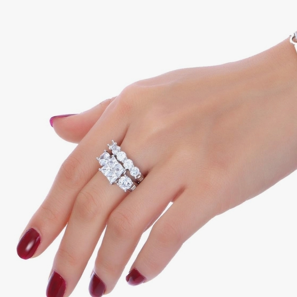 Princess AAA CZ 2pc Gold Plated/Rhodium Engagement Wedding Ring Set - Picture 4 of 5